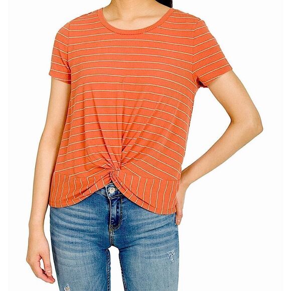 🌴 Hippie Rose Twist Front Striped Rib Knit T-shirt Juniors Small - Picture 1 of 12